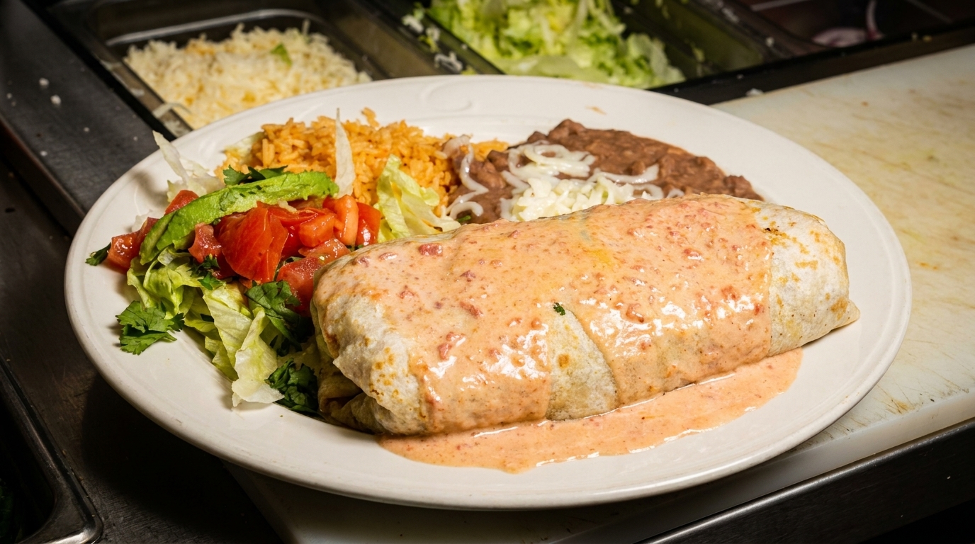 A large burrito covered in pink sauce, with a side of rice, beans, and salad.