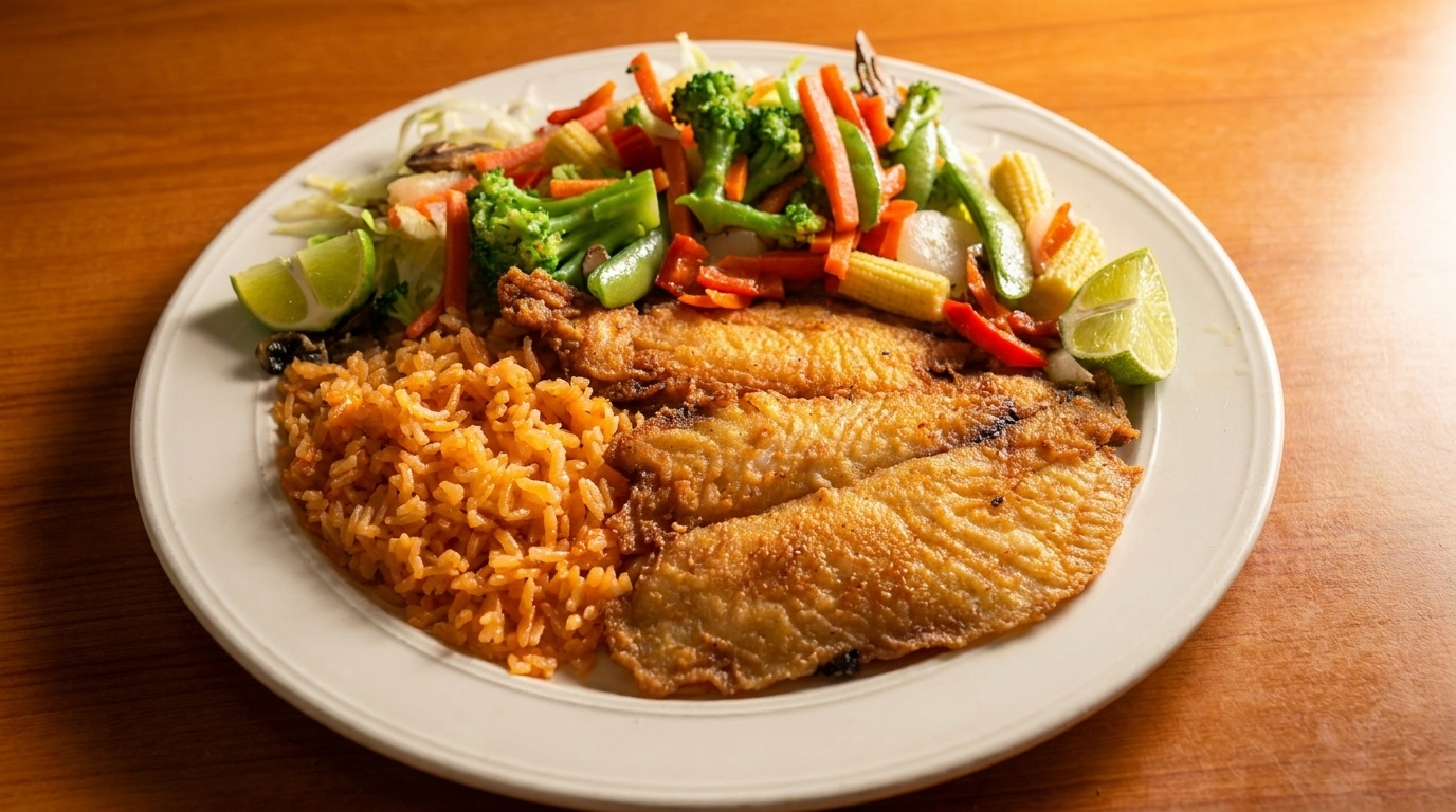 Fried fish fillets with rice, mixed vegetables, and lime wedges on a white plate.