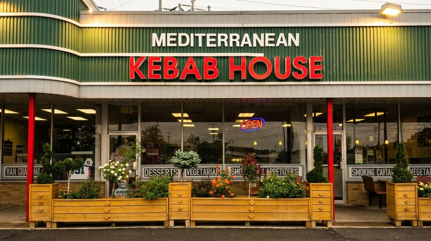 The exterior of Mediterranean Kebab House, featuring a green facade, red lettering, and wooden planters with flowers.