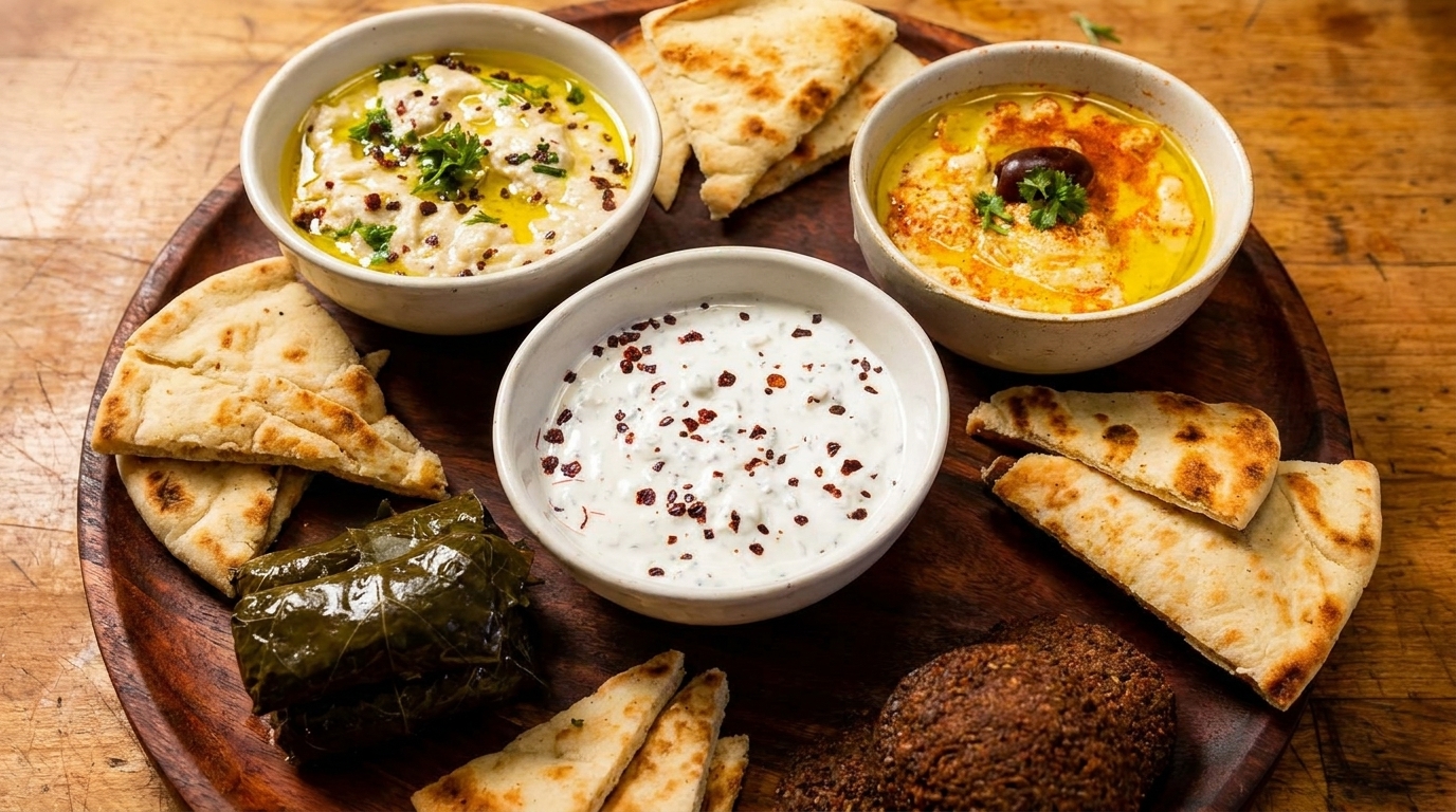 A wooden platter with three dips, pita bread, stuffed grape leaves, and falafel.