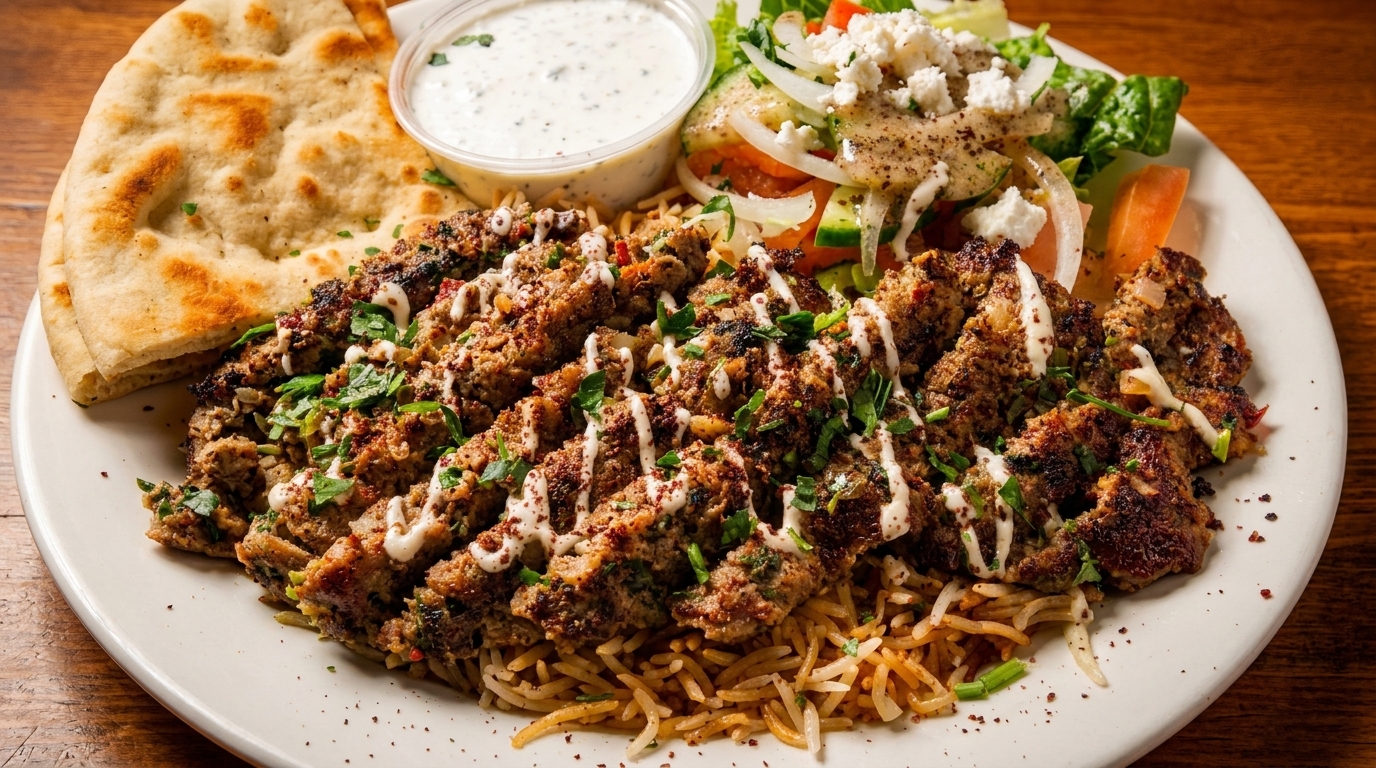 A plate of kofta kebabs with rice, naan bread, a side salad, and a dipping sauce.