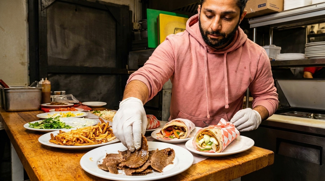 Chef in a pink hoodie and gloves preparing gyros, fries, and other dishes on a wooden counter.