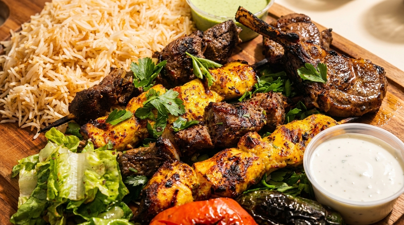 Grilled chicken and beef kebabs, lamb chops, rice, salad, and dipping sauces on a wooden board.