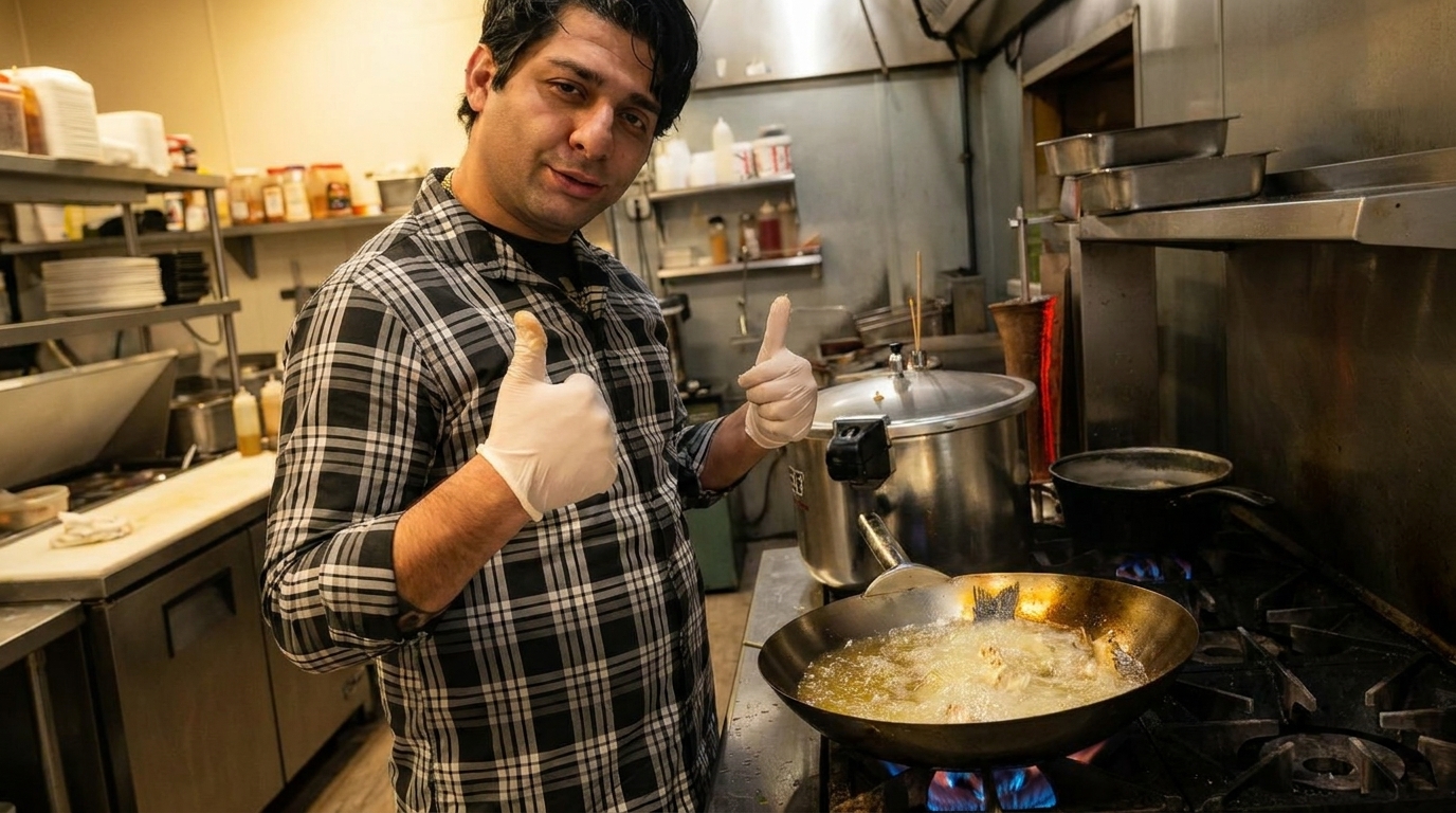 Chef in a plaid shirt and gloves gives two thumbs up while frying food in a wok.