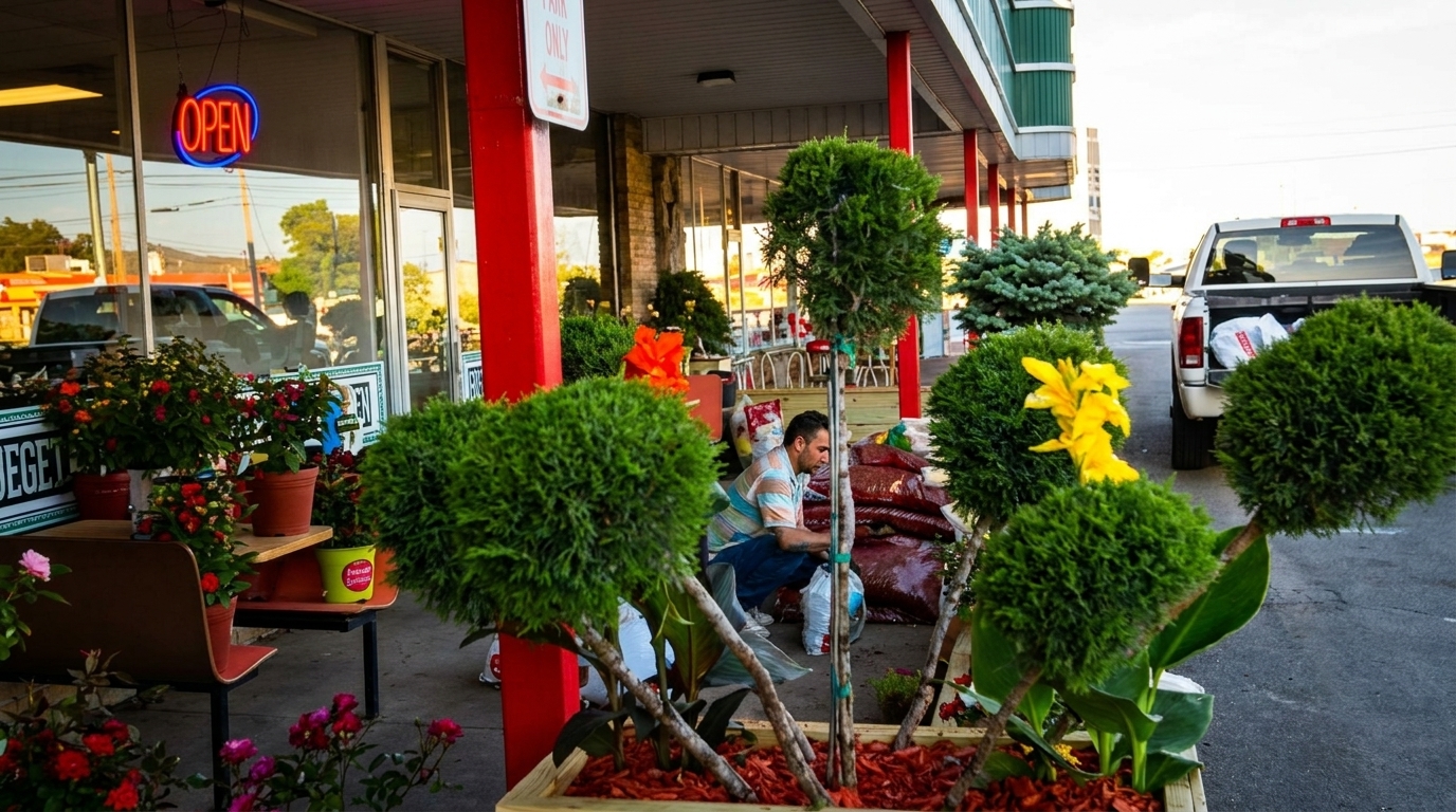 A man works outside a storefront with an "OPEN" sign, surrounded by potted plants and a truck.