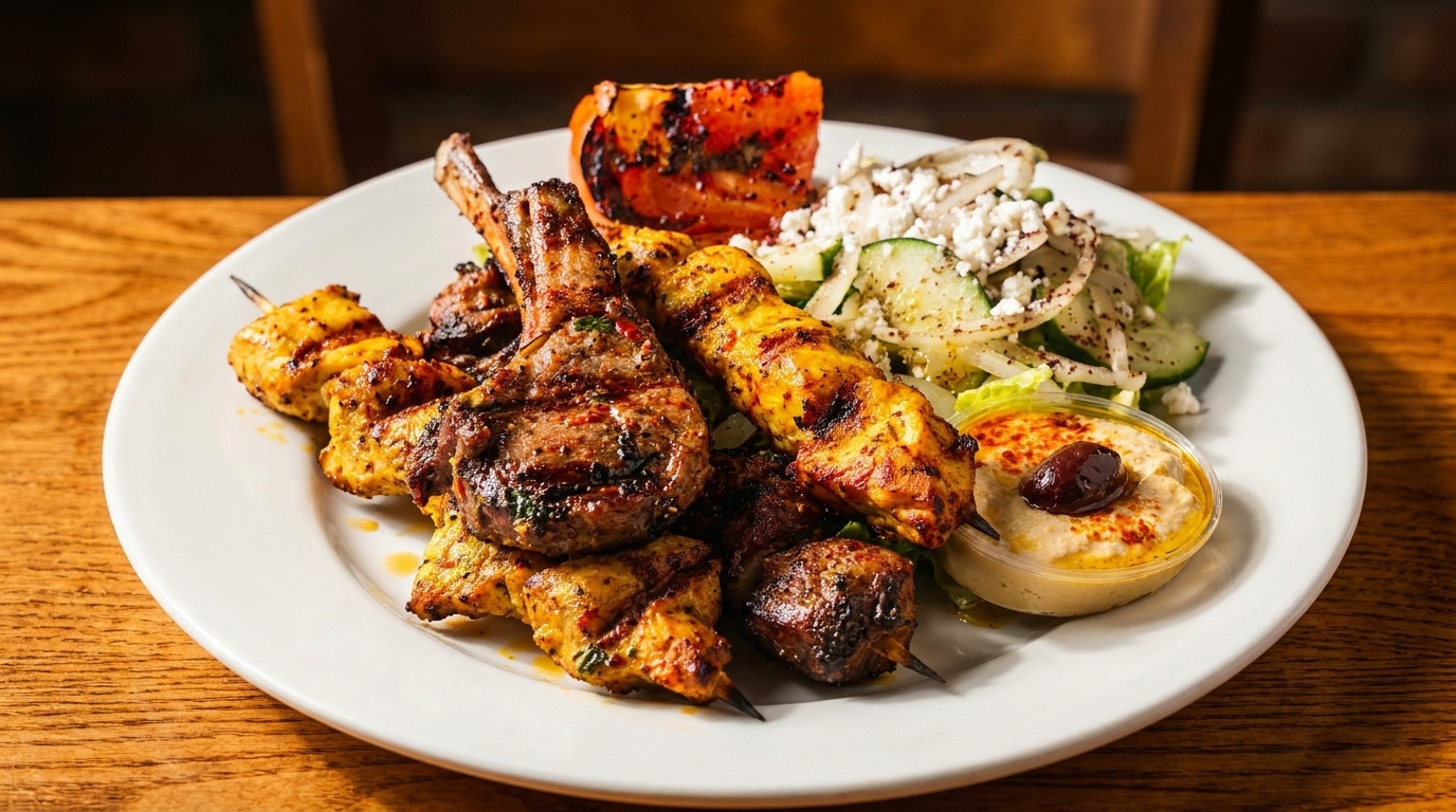 Grilled lamb chops, chicken and beef skewers, salad, hummus, and grilled tomato on a white plate.