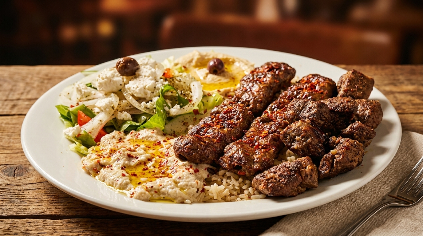 A white plate with grilled meat skewers, rice, hummus, and a fresh salad with feta cheese.