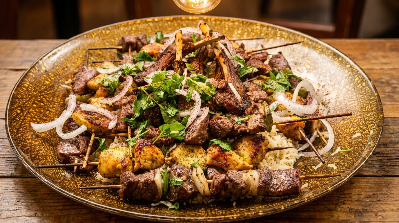 A large platter of grilled meat skewers, lamb chops, rice, onions, and herbs.