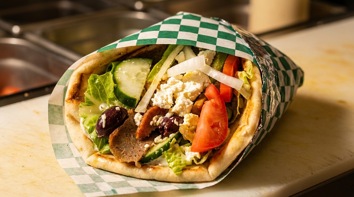 A gyro with meat, lettuce, tomatoes, cucumbers, olives, onions, and feta cheese in checkered paper.
