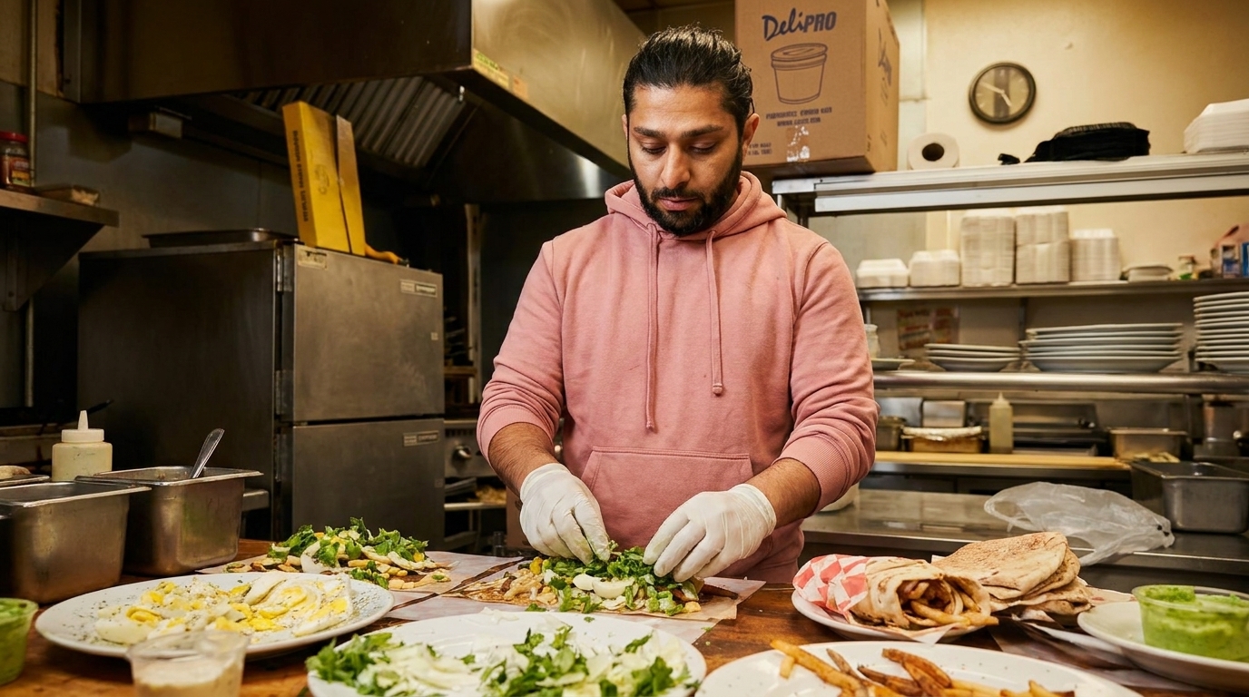 A chef in a pink hoodie and gloves prepares food in a busy kitchen.