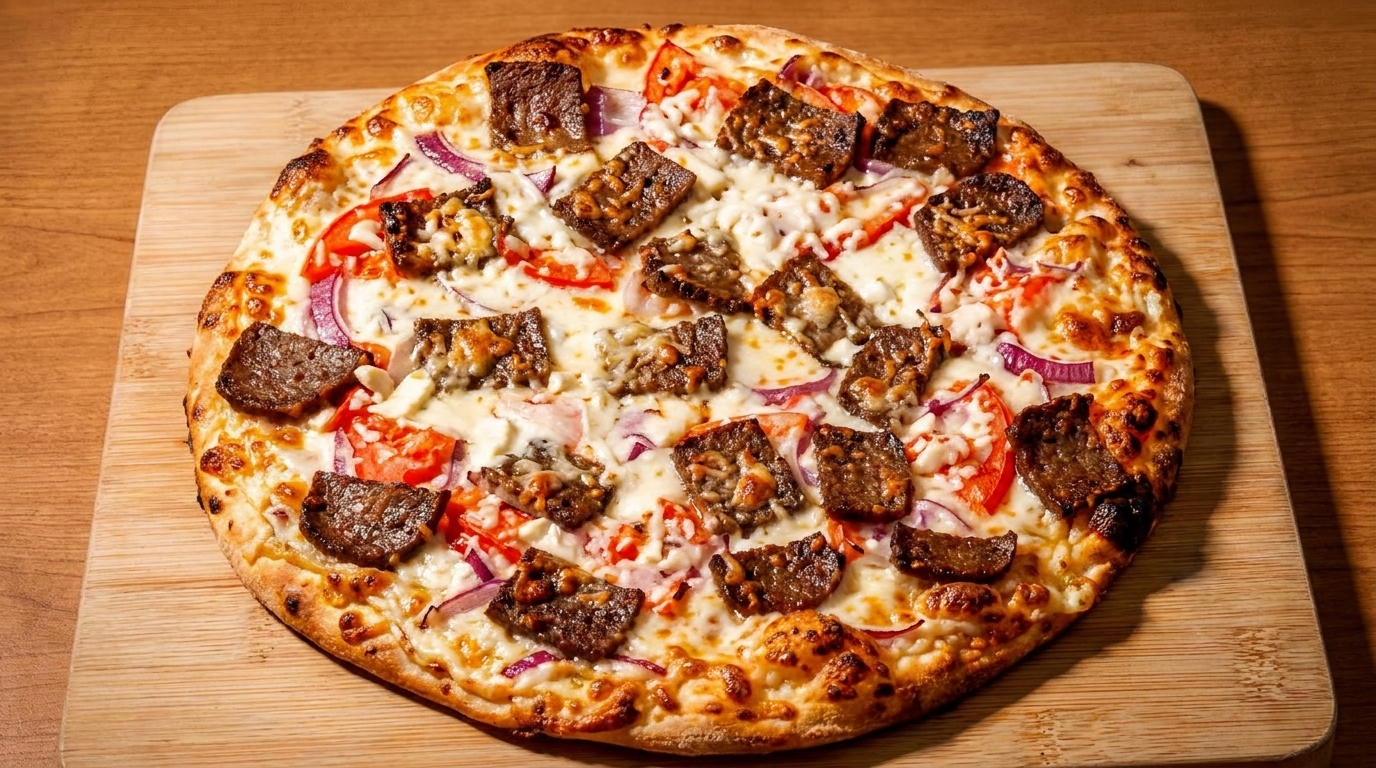 A whole pizza with vegan meat, red onions, tomatoes, and white cheese on a wooden board.