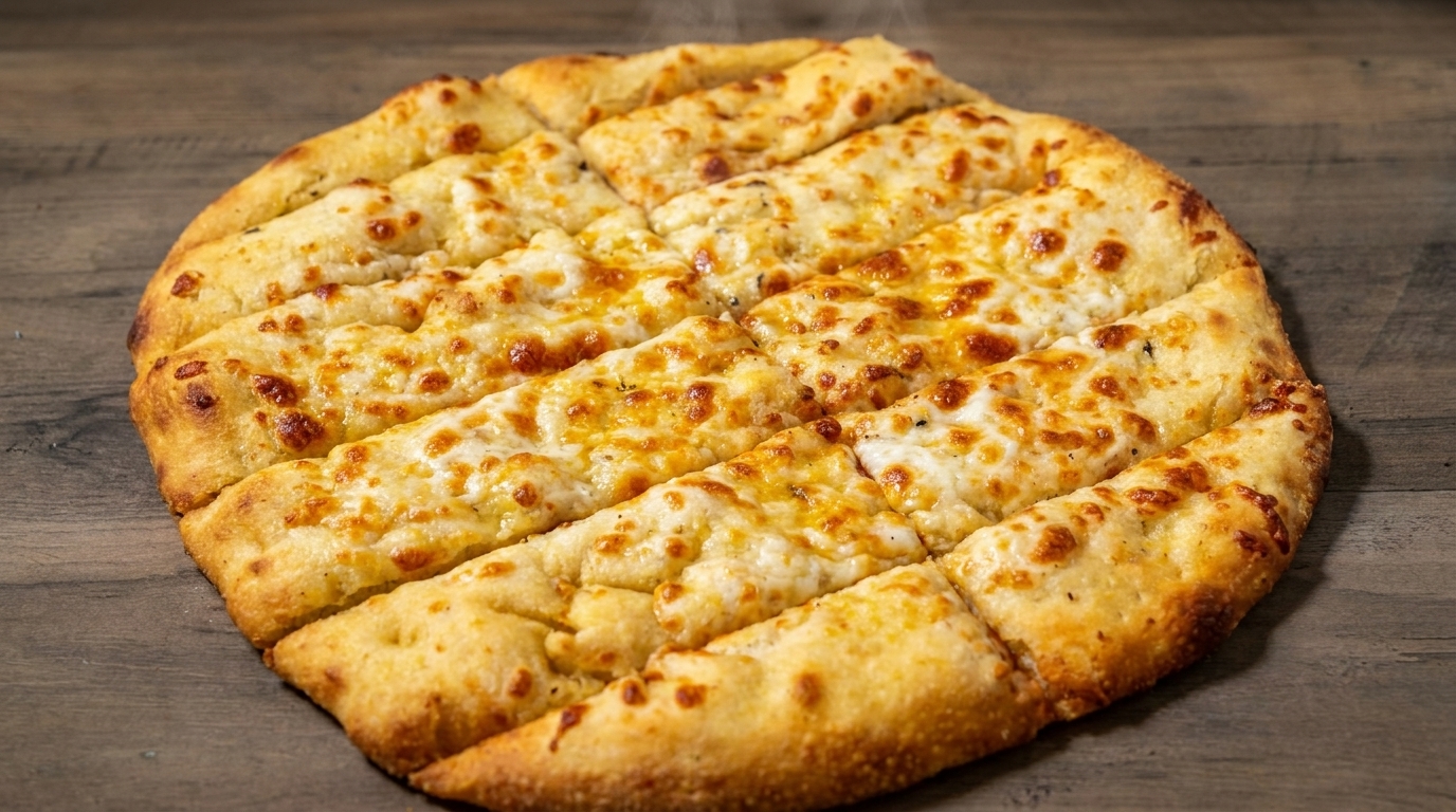 Steaming, cheesy garlic breadsticks, cut into strips, on a rustic wooden table.