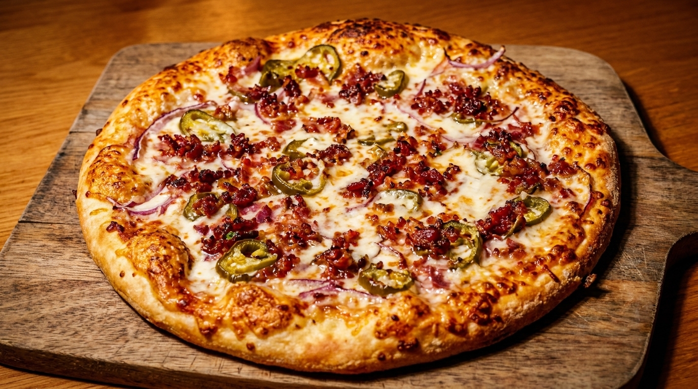 A whole pizza with bacon, red onion, and jalapeños on a wooden cutting board.