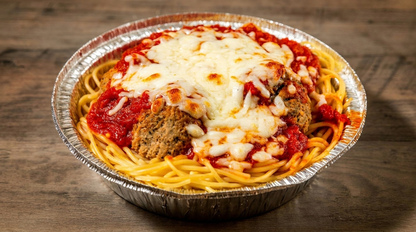 Spaghetti with a large meatball covered in red sauce and melted mozzarella cheese in a foil container.