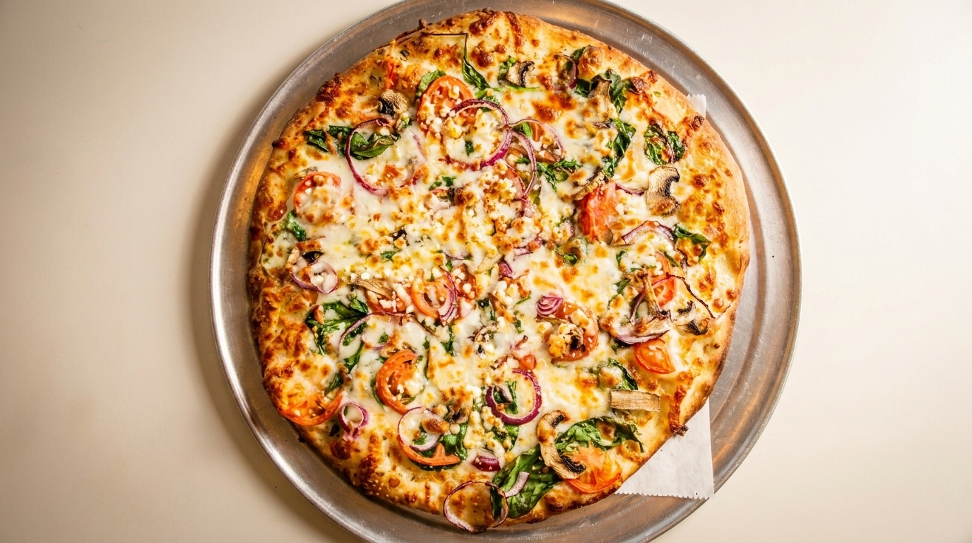 A whole pizza with spinach, red onions, tomatoes, mushrooms, and feta cheese on a metal tray.