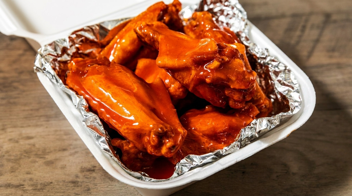 Spicy buffalo chicken wings in a white takeout container lined with aluminum foil on a wooden table.