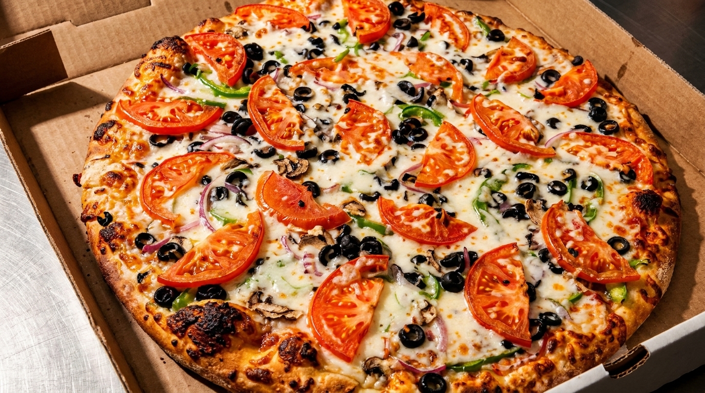 Close-up of a whole pizza in a cardboard box, topped with tomatoes, olives, and peppers.