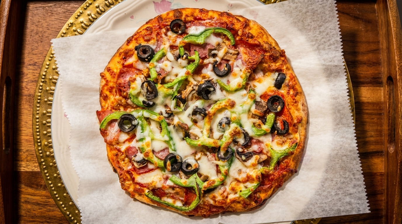 A freshly baked pizza with green peppers, black olives, and melted cheese on a wooden tray.