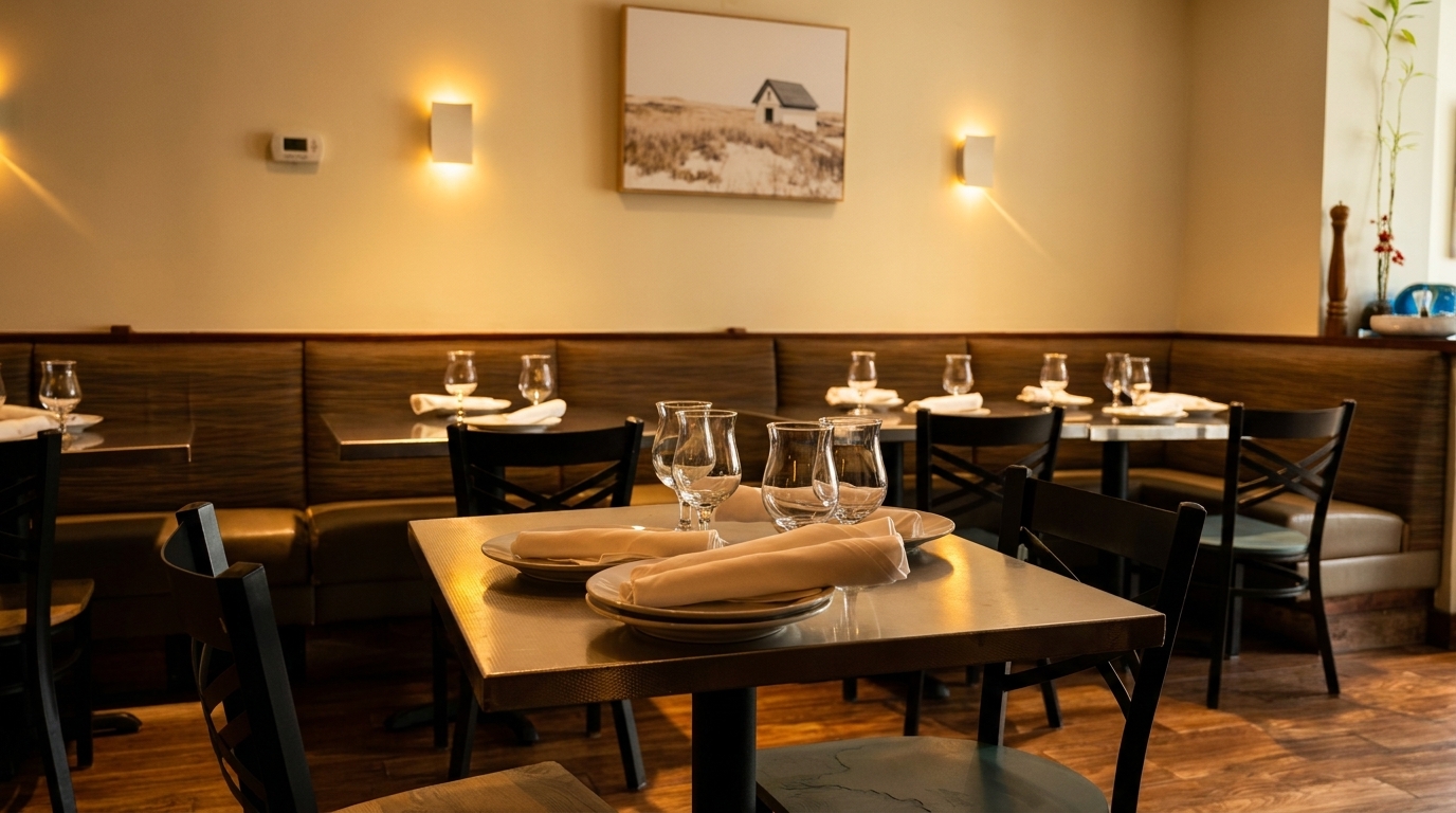 Restaurant dining room with set tables, booth seating, and a framed picture on the wall.