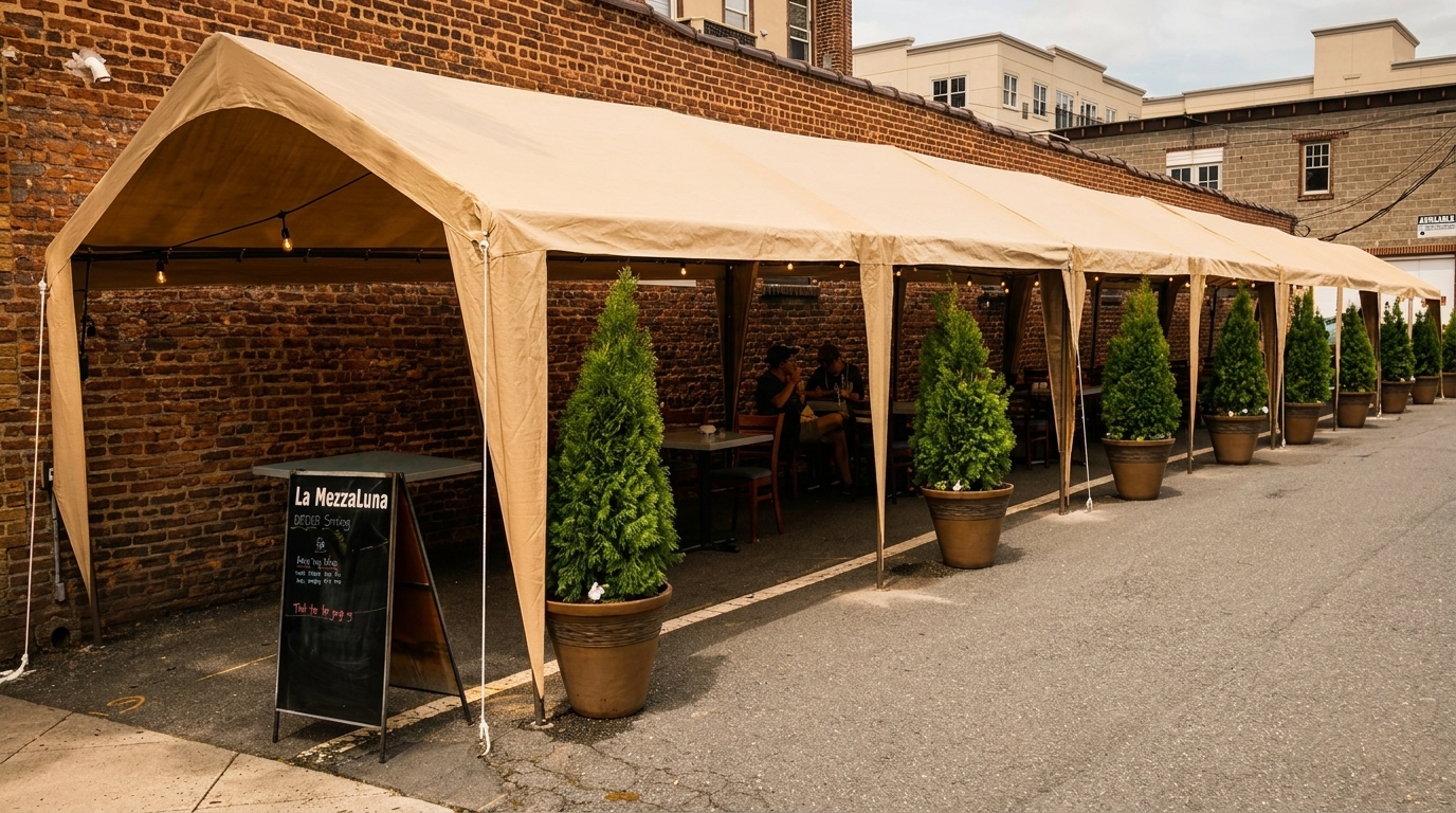Outdoor dining tent for La Mezzaluna restaurant with potted evergreens and string lights.