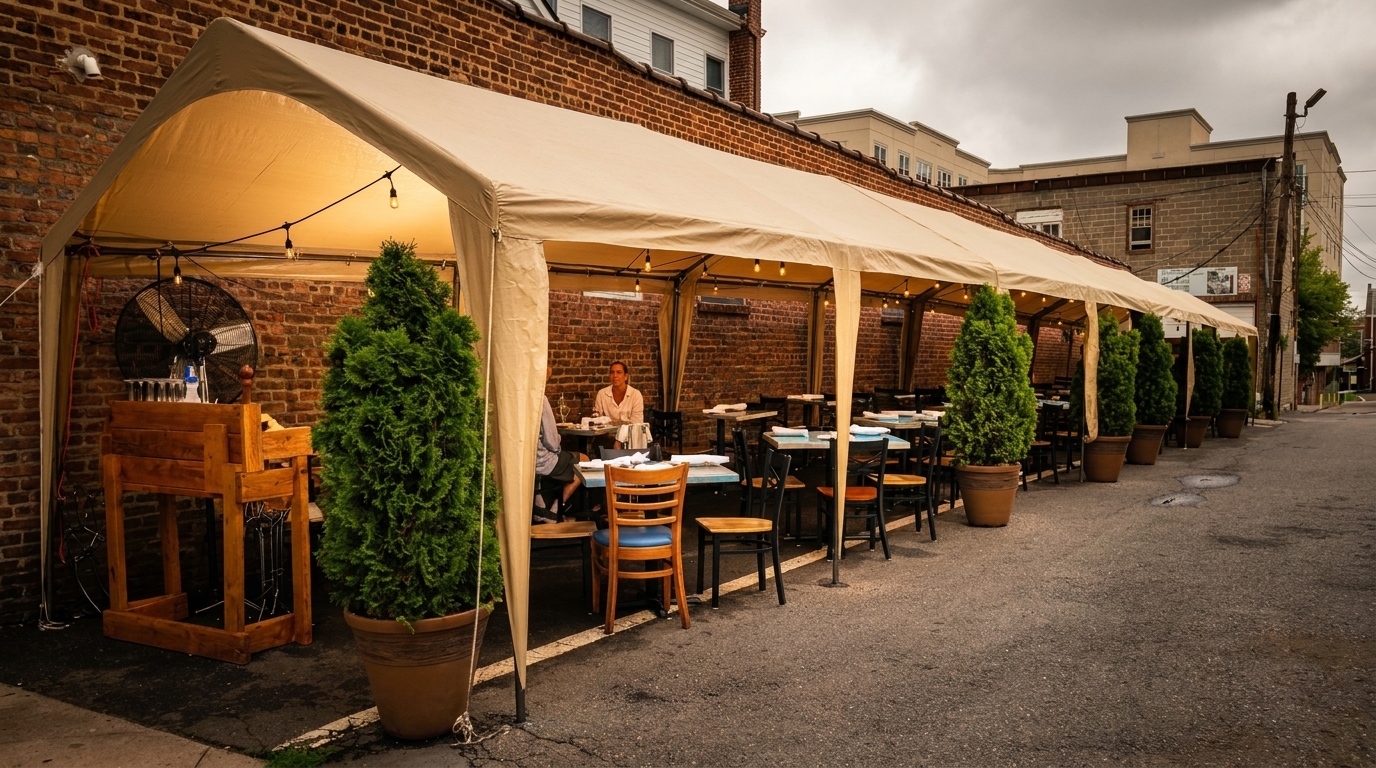 An outdoor dining tent with string lights, tables, and potted evergreen trees along a brick building.