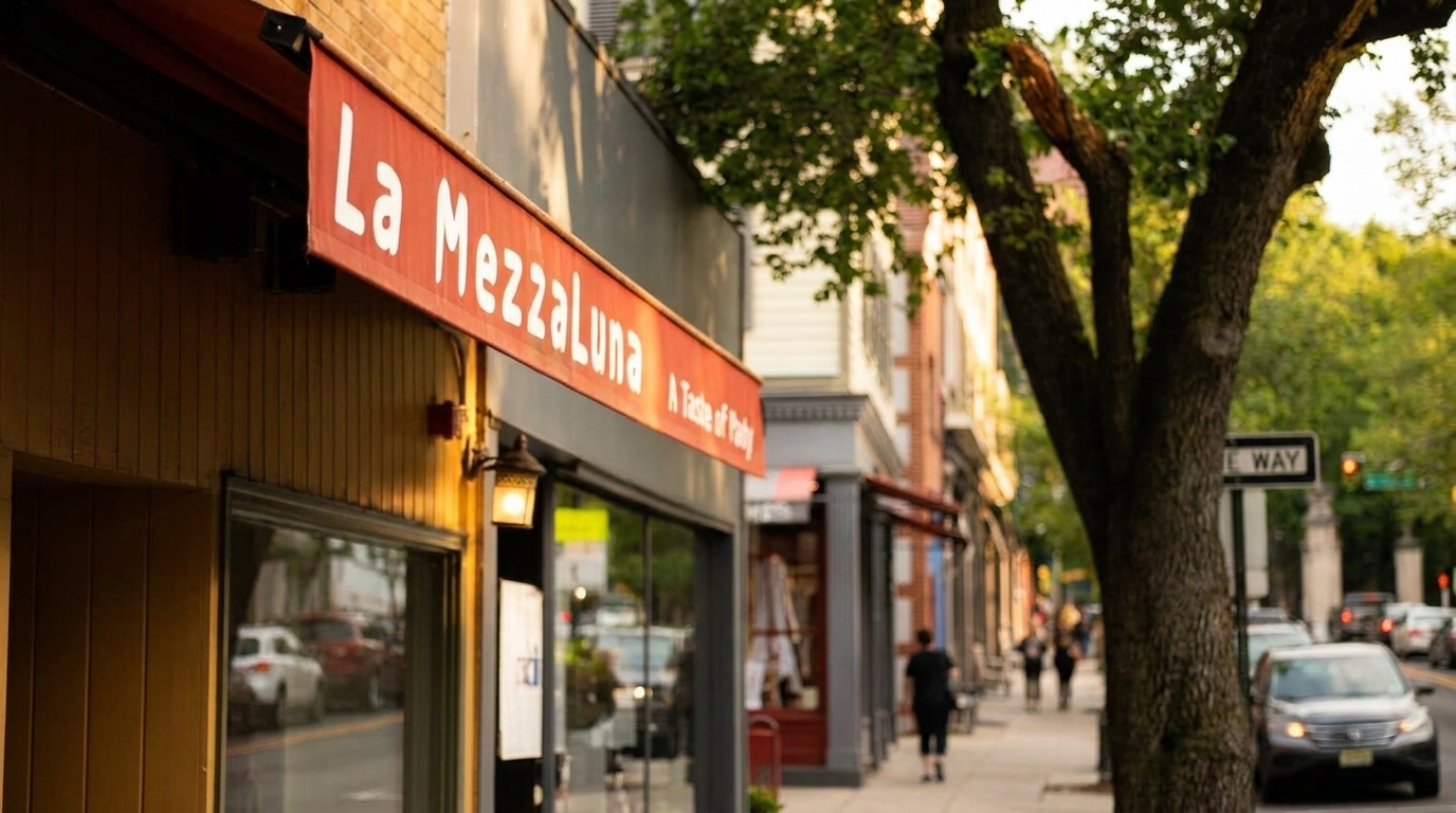 La Mezzaluna restaurant storefront with a red awning on a bustling street lined with trees and cars.