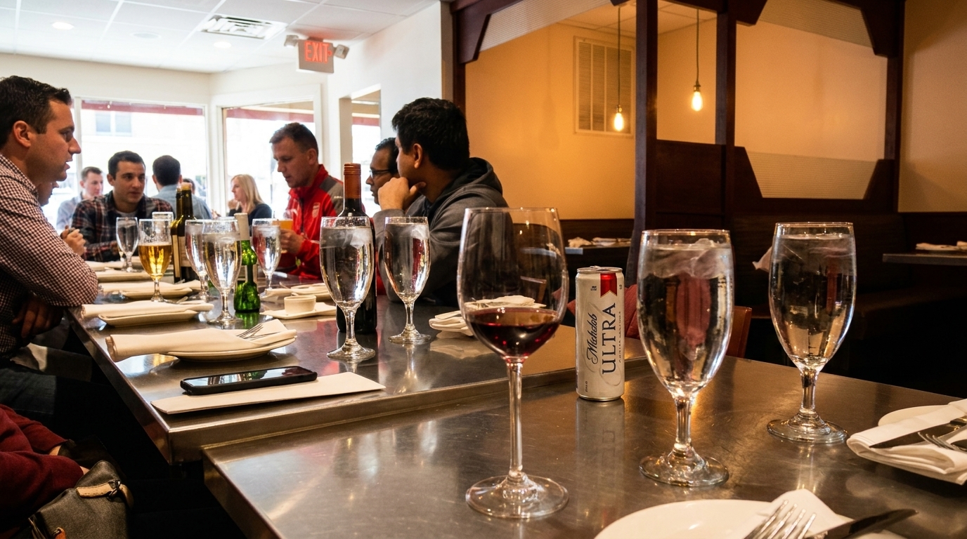 Diners seated at a long table with drinks and place settings in a restaurant.