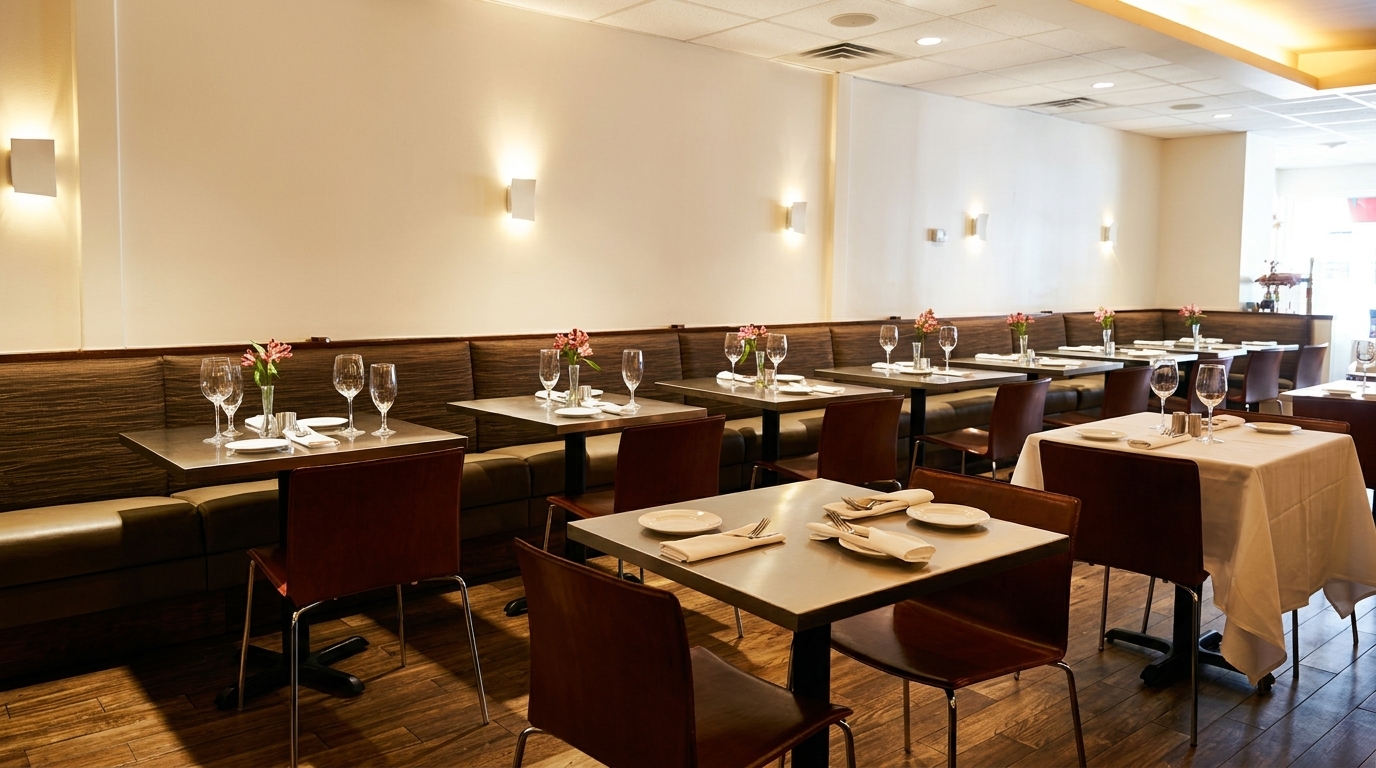 An empty restaurant dining room with set tables, brown banquettes, and warm wall lighting.
