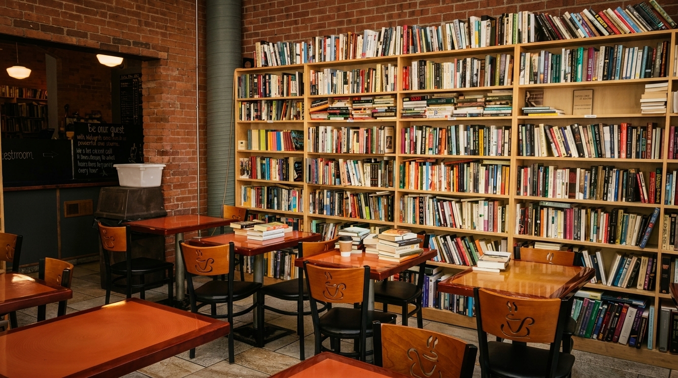 Cozy cafe interior with brick walls, wooden tables, chairs, and large bookshelves filled with books.