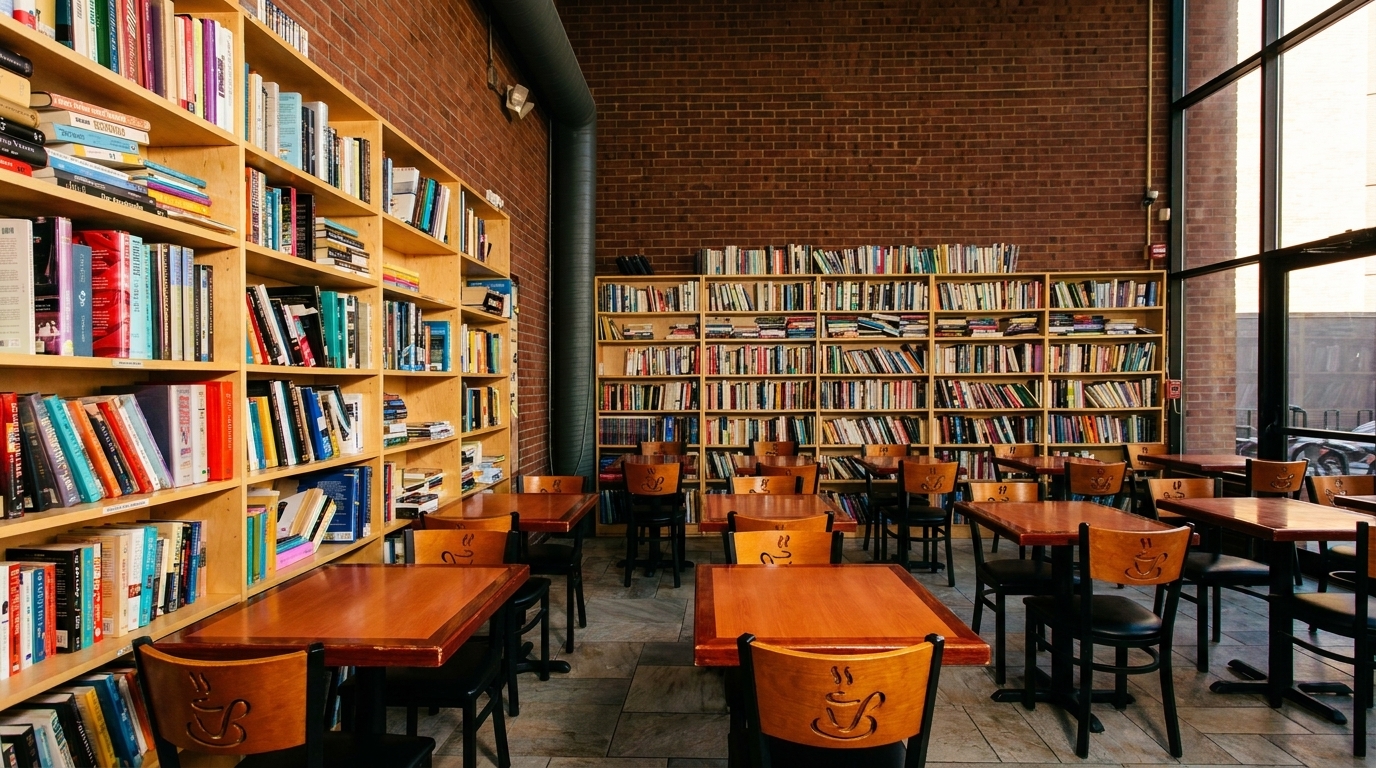 A cozy cafe interior with wooden tables and chairs, surrounded by bookshelves filled with books.