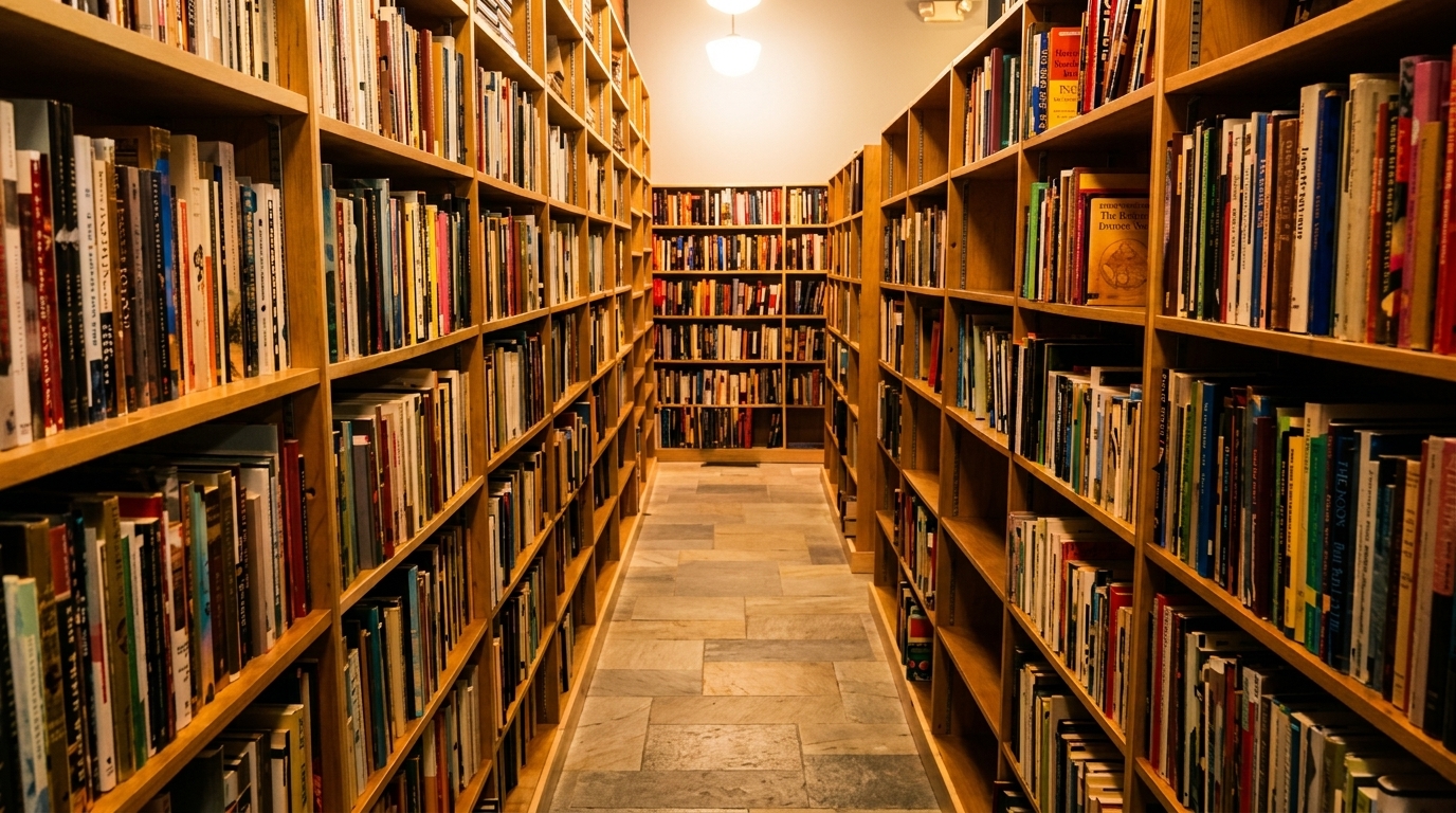 A narrow aisle between tall wooden bookshelves filled with books, leading to a back wall of more books.