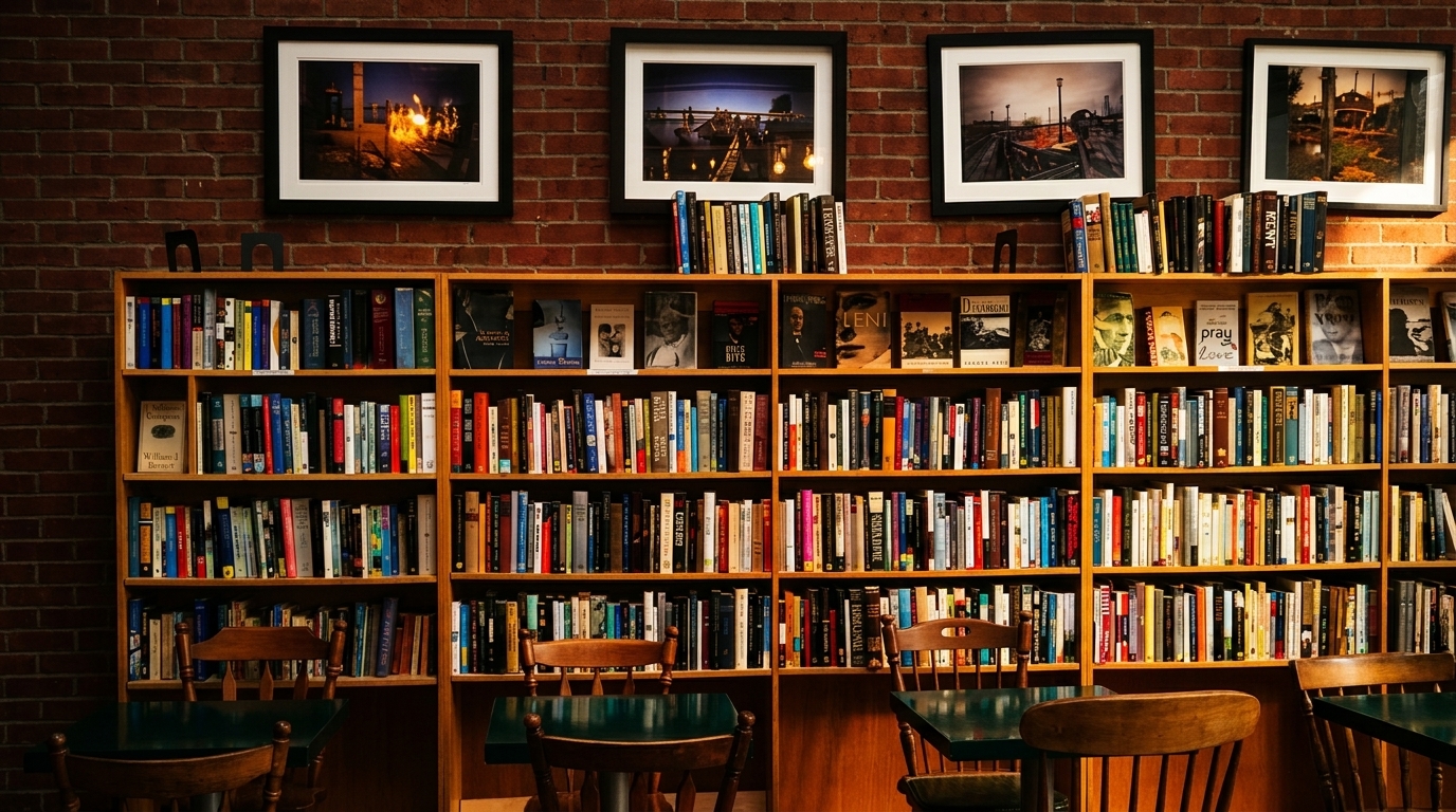 Cozy restaurant interior with wooden bookshelves filled with books, framed art, and small tables with chairs.