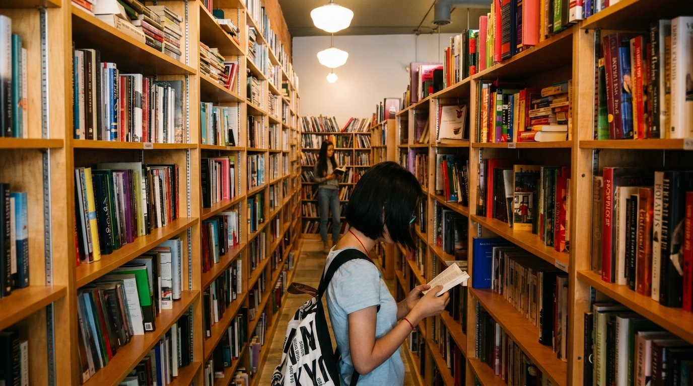 Two women browse books in a narrow bookstore aisle lined with tall wooden shelves.