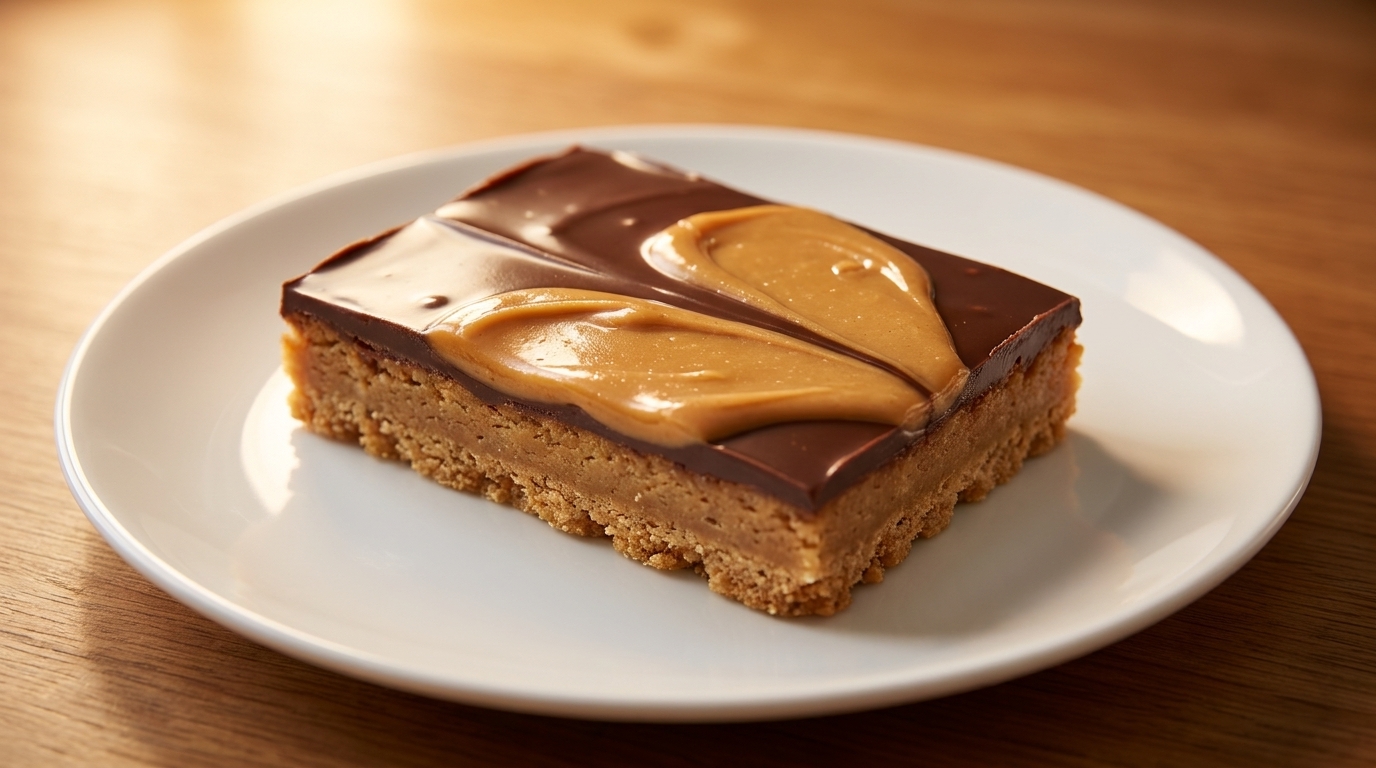 A square peanut butter bar with chocolate and peanut butter swirls on a white plate.