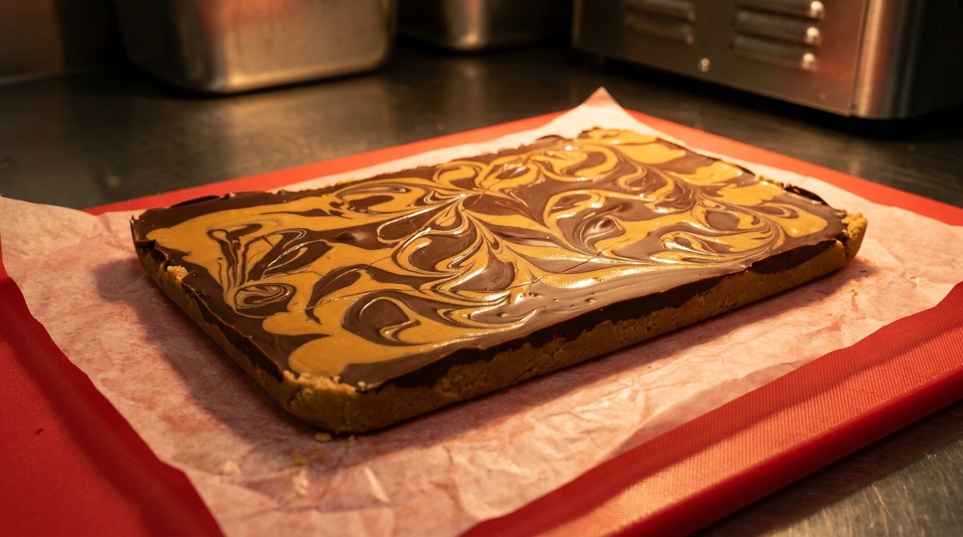 A rectangular dessert bar with swirled chocolate and peanut butter frosting on parchment paper.