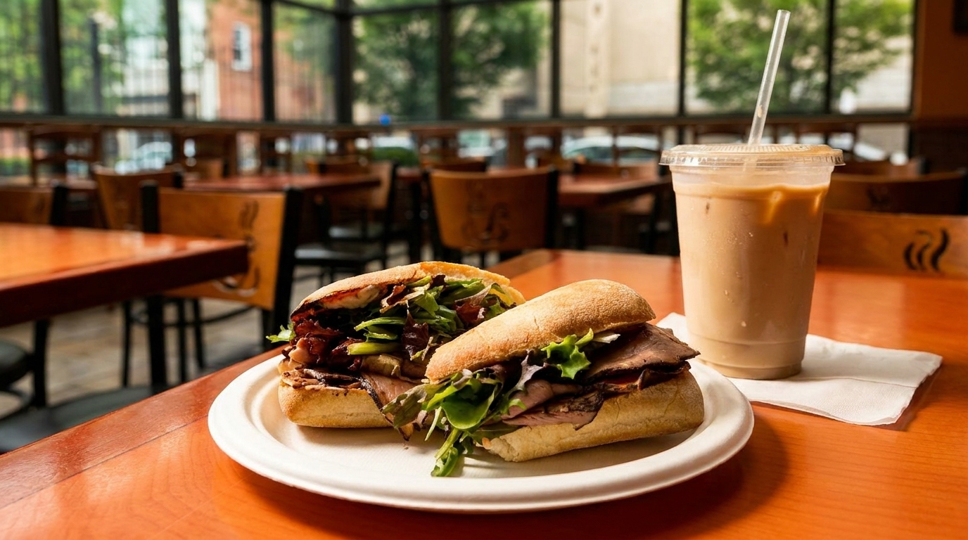 Two sandwiches and an iced coffee on a table in a bright restaurant dining room.