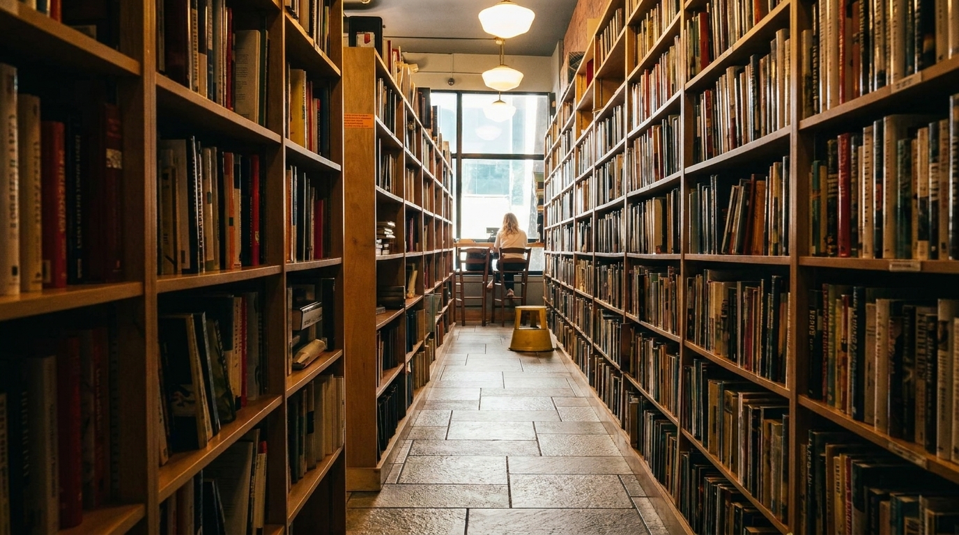 A person sits at a desk by a window, surrounded by tall bookshelves filled with books.