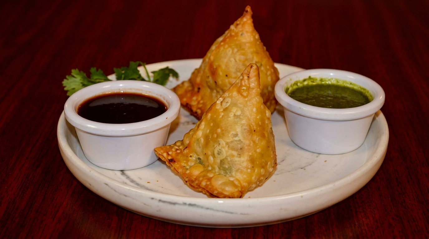 Two golden-brown samosas with two dipping sauces and cilantro on a white plate.