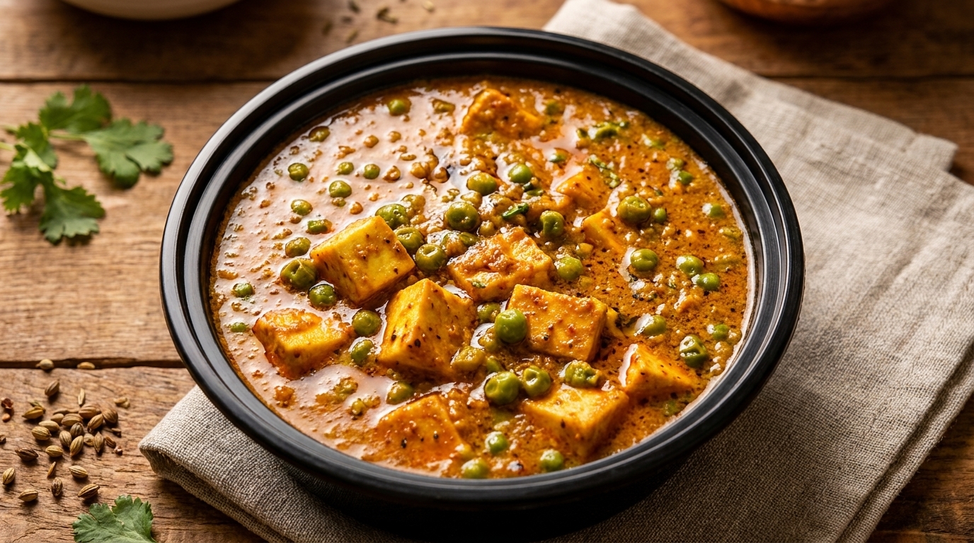 Mutter Paneer, an Indian dish with paneer cheese and peas in a rich orange sauce, on a wooden table.