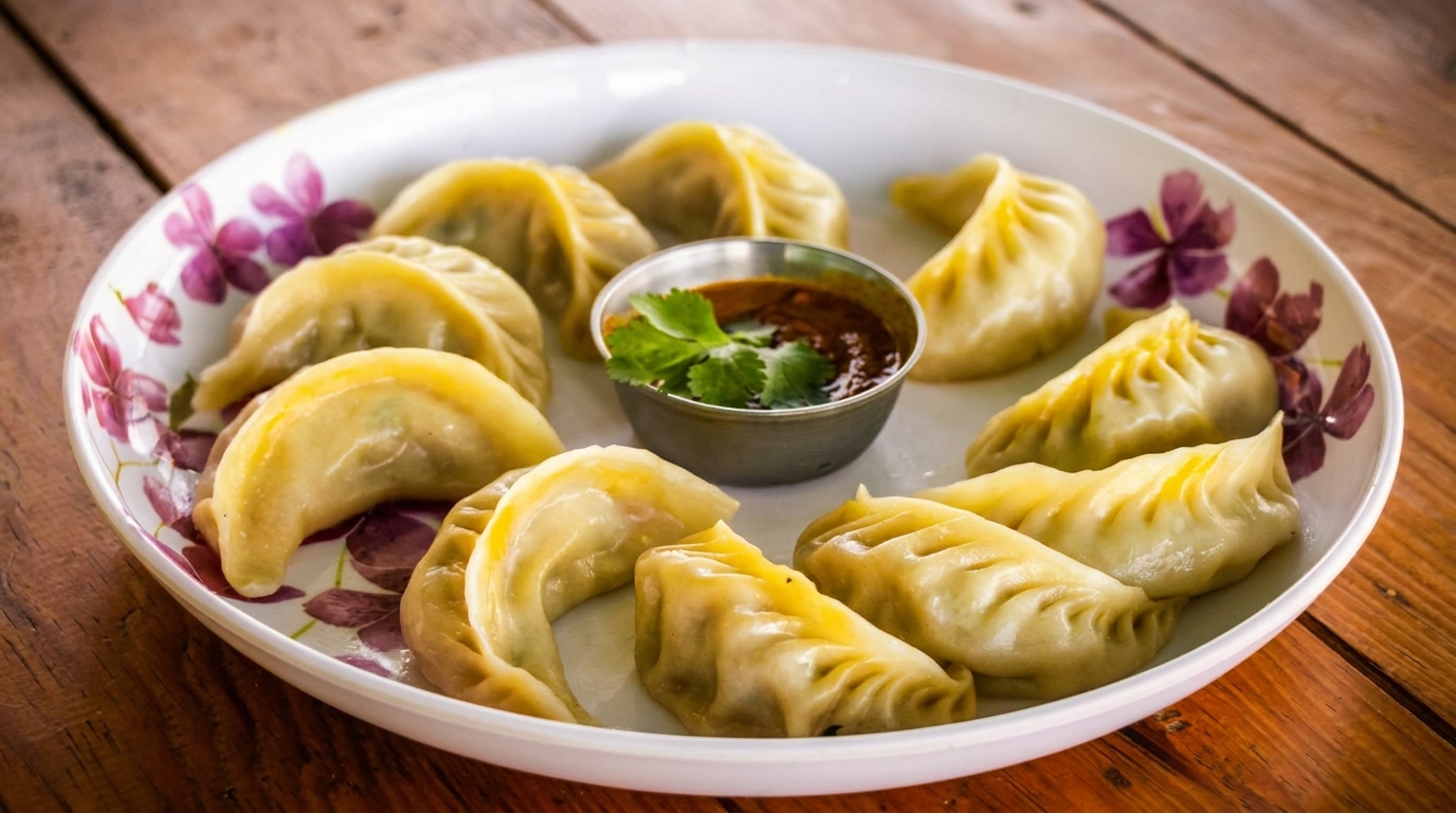 A white plate with purple floral designs holds steamed dumplings and a small bowl of dipping sauce.