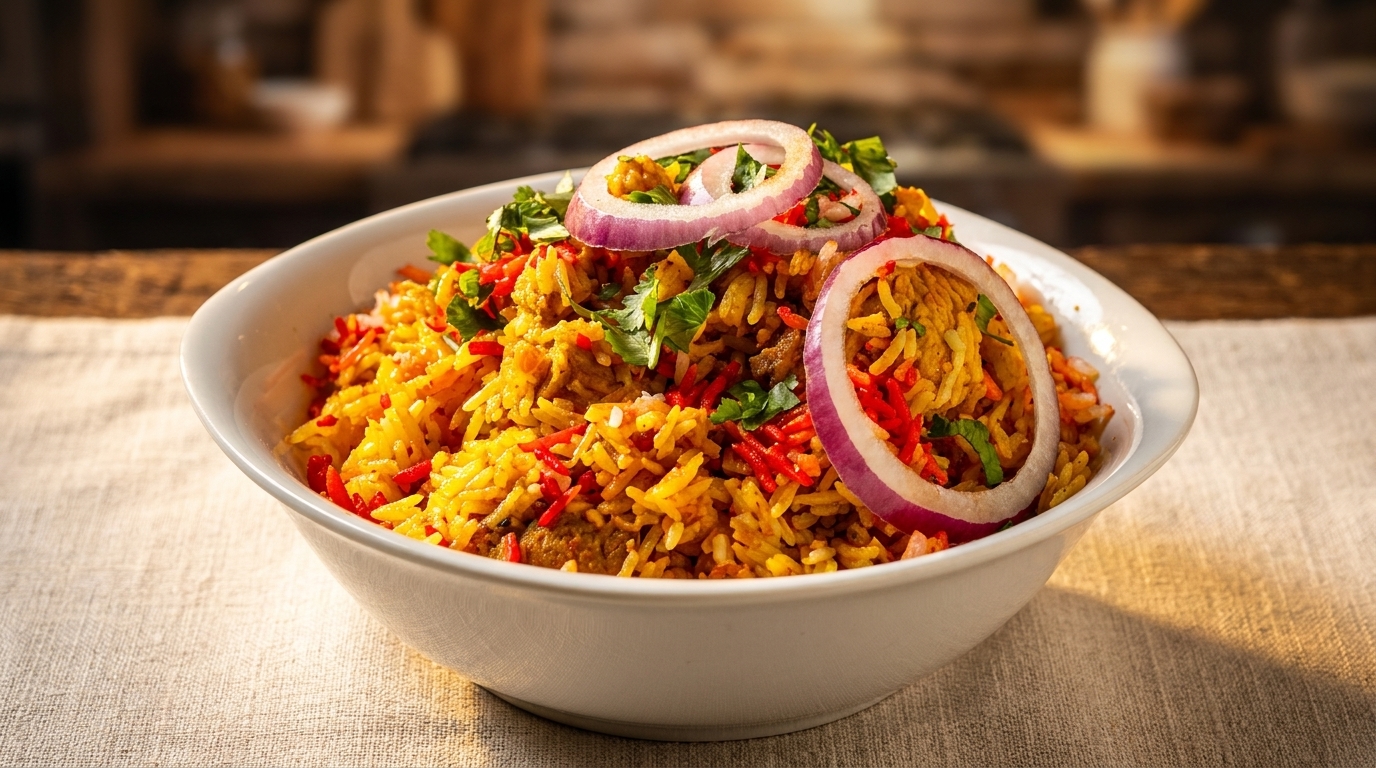 A white bowl filled with vibrant biryani rice, garnished with red onion rings and fresh cilantro.