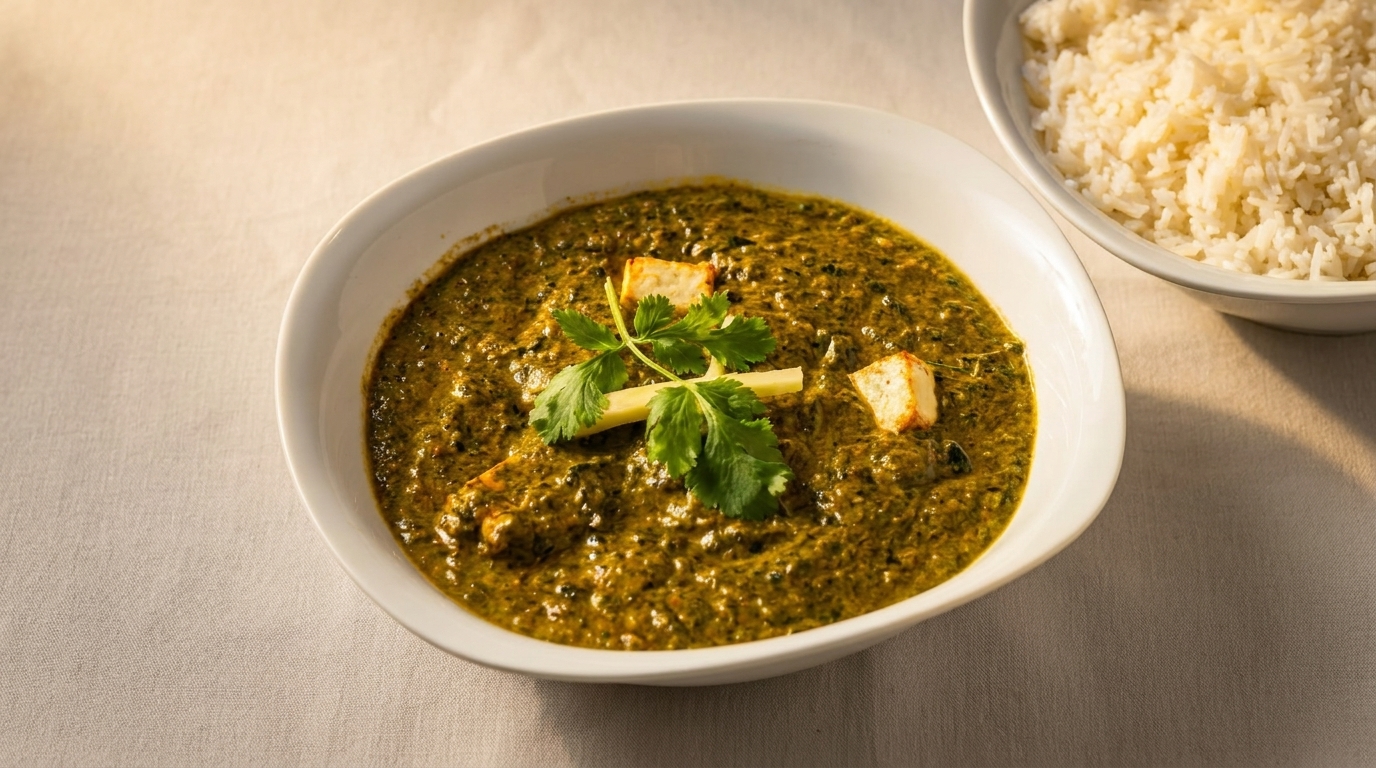 A bowl of vibrant green palak paneer with paneer cubes and cilantro, alongside white rice.