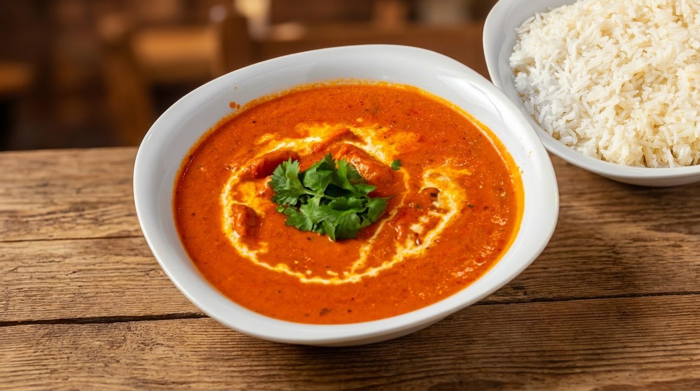 A white bowl of butter chicken with cilantro and a side of white rice on a wooden table.