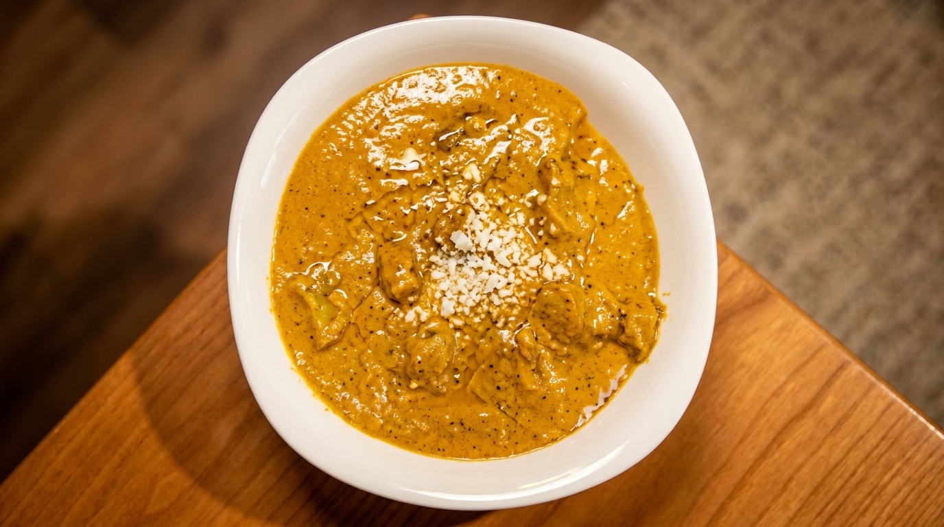 Overhead view of a white bowl filled with a rich, orange-brown curry, topped with crumbled white cheese.