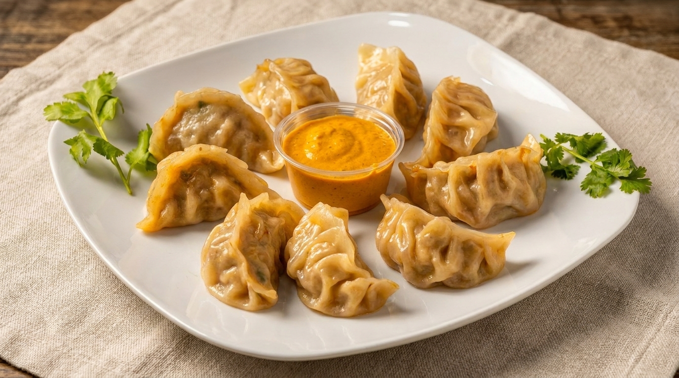 A white plate of steamed momos with a side of orange dipping sauce and cilantro garnish.