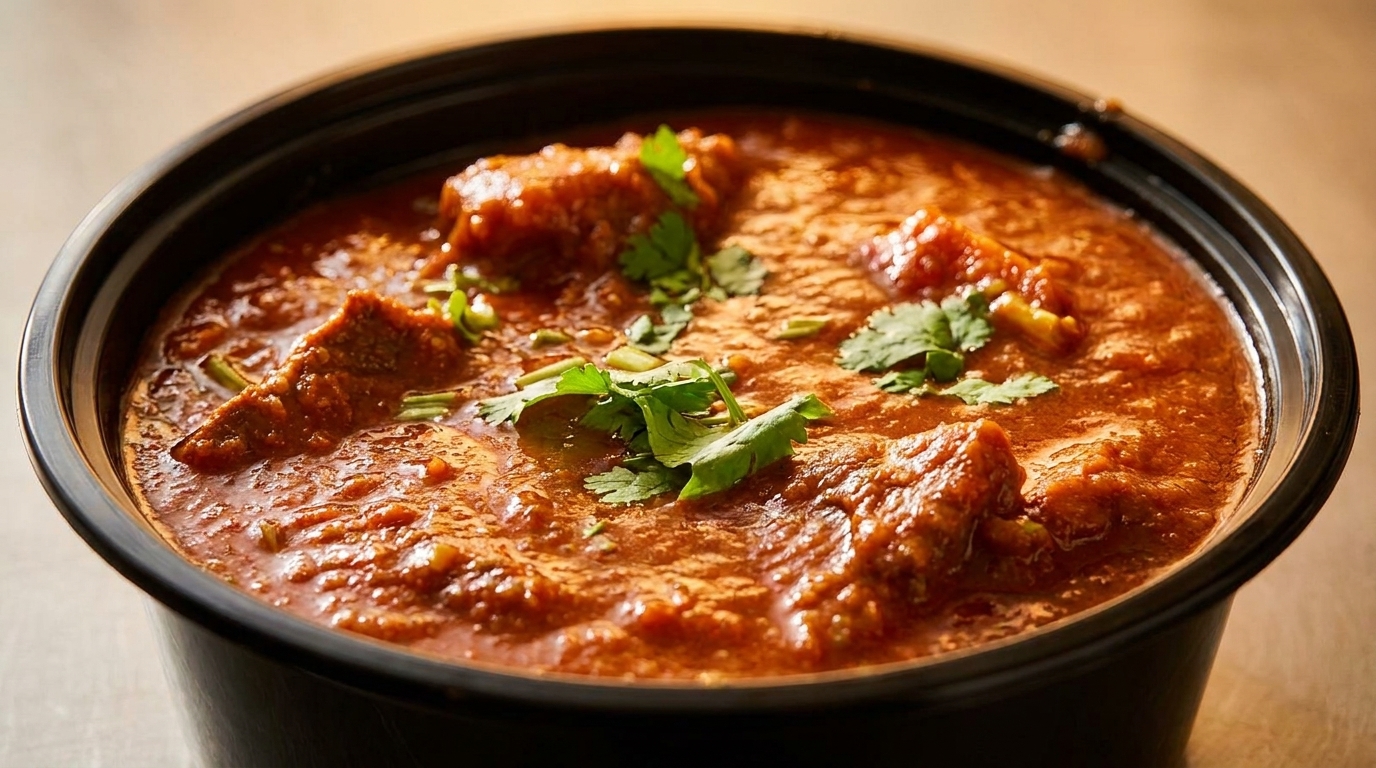 Close-up of a black bowl filled with rich, red curry, garnished with fresh cilantro.