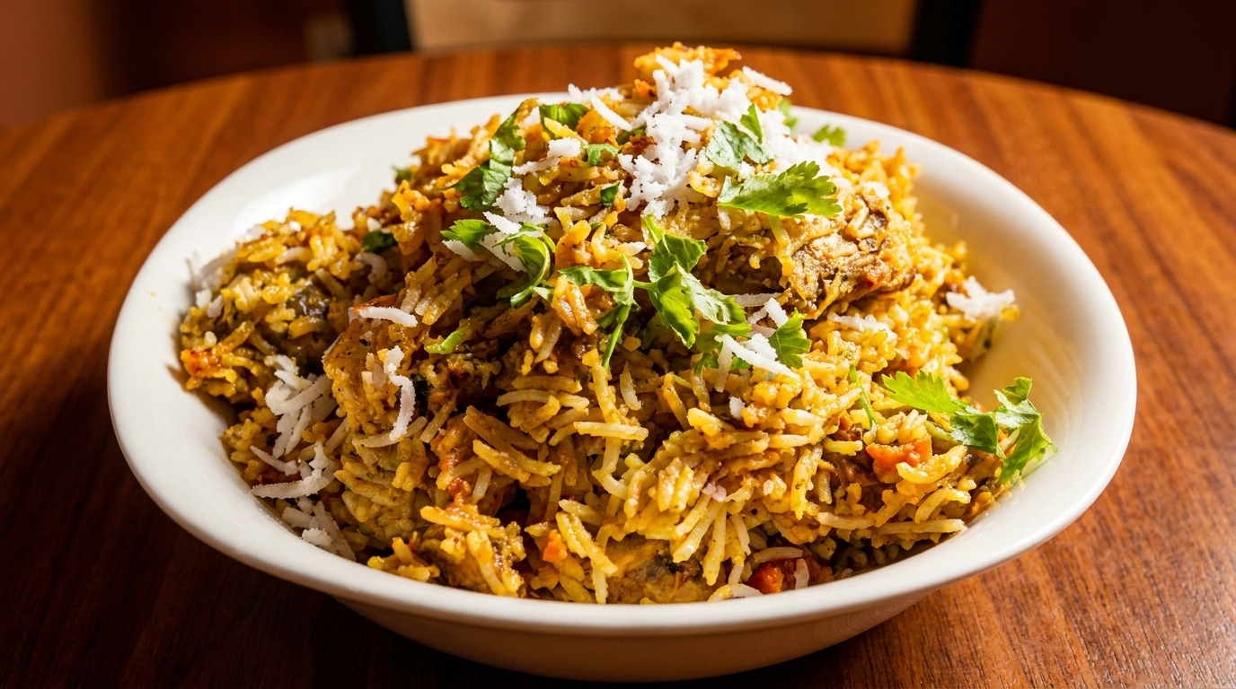 A white bowl filled with biryani, garnished with fresh cilantro and shredded coconut, on a wooden table.