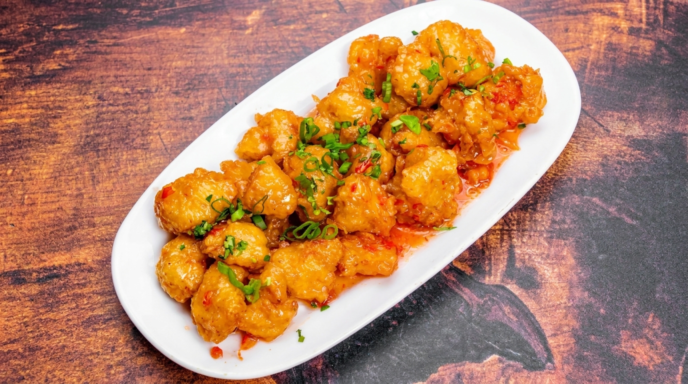 A white platter filled with crispy orange chicken, garnished with green onions and red chili flakes.