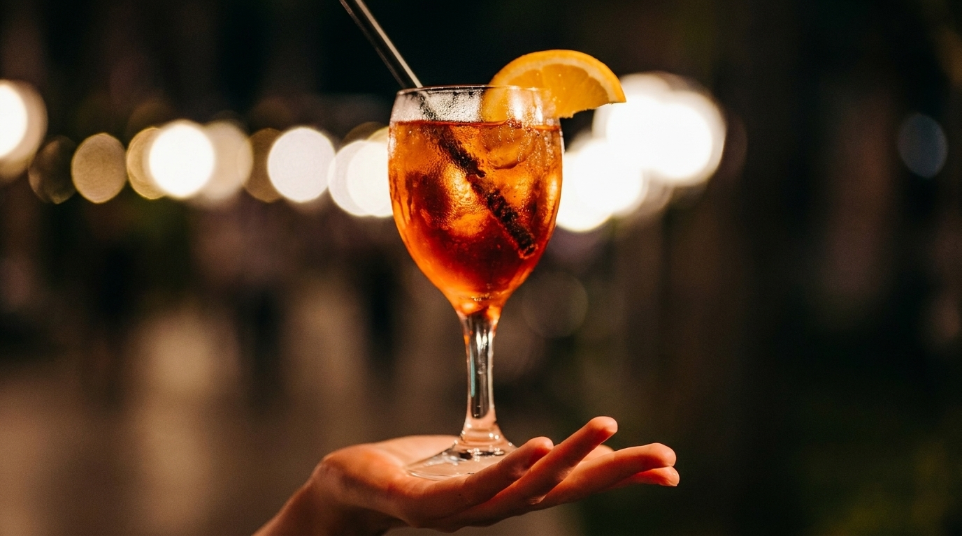A hand holds an orange cocktail with an orange slice and straw against blurred lights.
