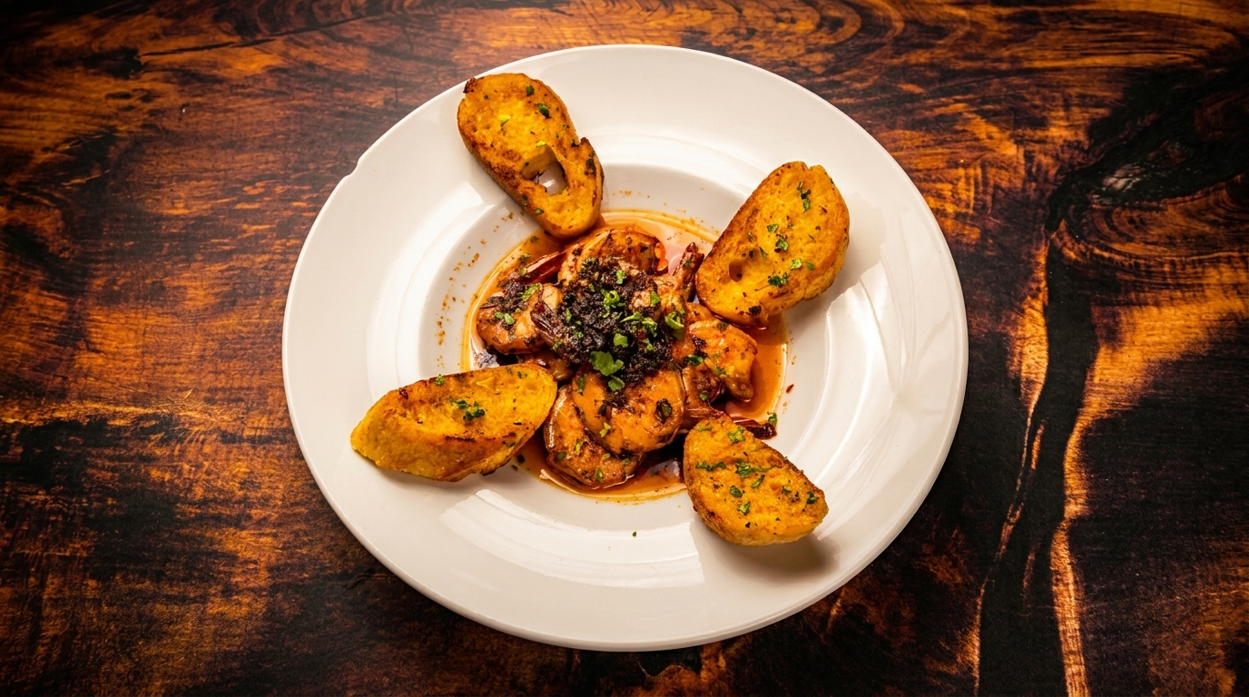 Shrimp scampi with garlic bread on a white plate, on a dark wooden table.